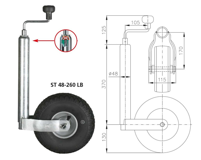 Опорне колесо WINTERHOFF ST48-260LB 150 кг 48 мм 500-710 мм